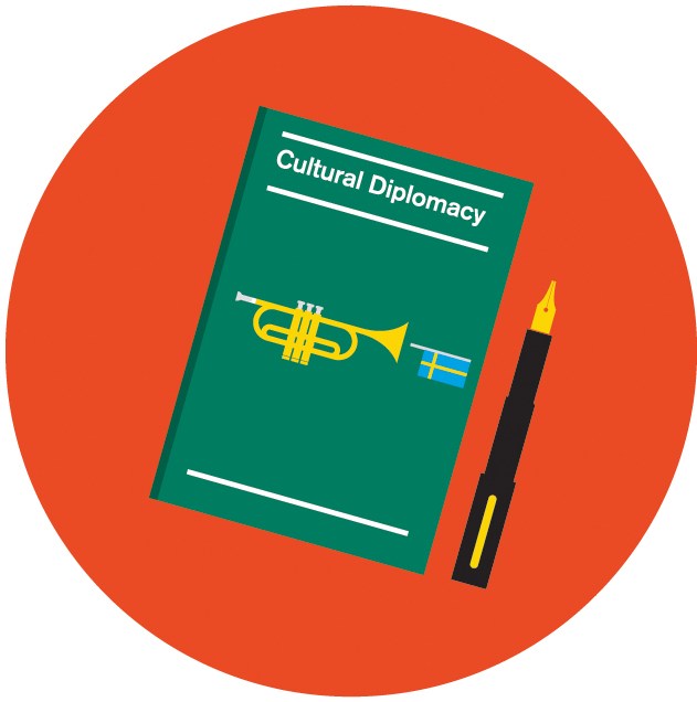 Illustration of a green book titled 'Cultural Diplomacy' with a trumpet and Swedish flag on an orange circular background.
