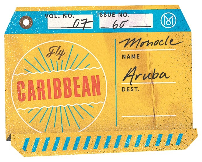 Vintage luggage tag for Aruba with Caribbean destination and Monocle branding.