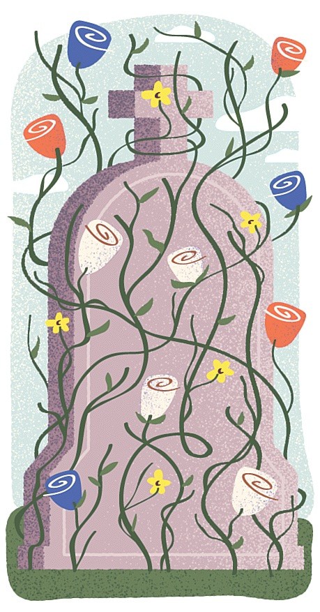 Illustration of a cemetery transformed into a park with flowering vines and blooming flowers growing over grave markers.