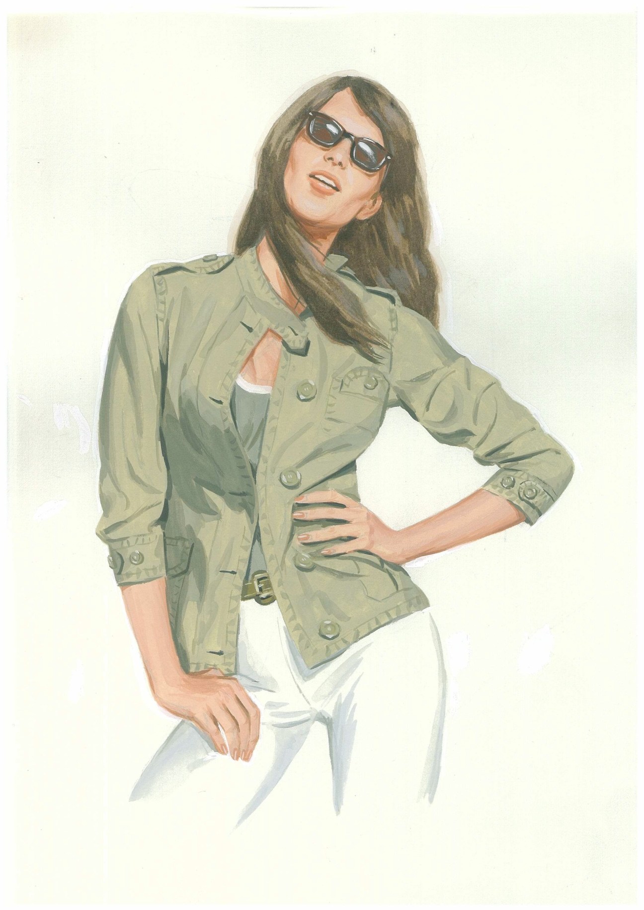 Illustration of a woman wearing a khaki safari jacket and white trousers by Closed.