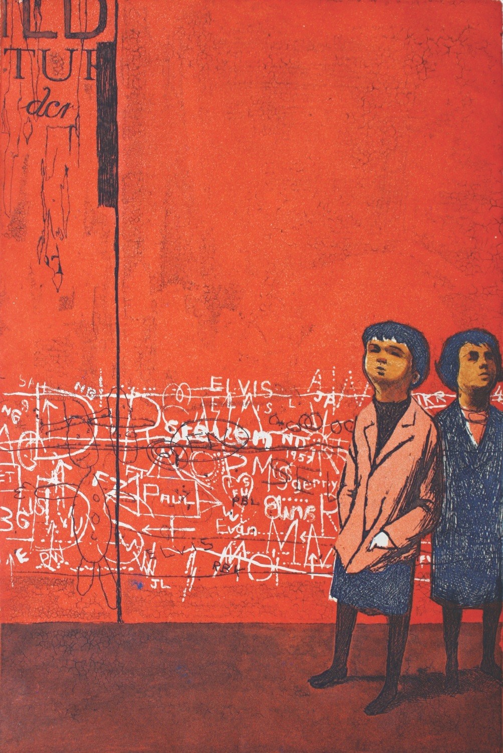 Two figures standing against a red wall covered with graffiti and text in an urban setting.