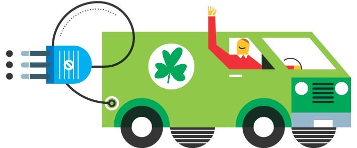 Illustration of a green van with a shamrock logo and charging cable, representing Ireland's electric vehicle incentive program.
