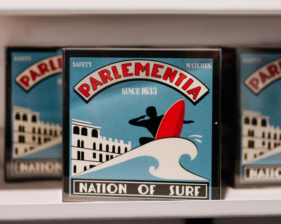 Parlementia safety matches box featuring vintage-style surf graphics with 'Nation of Surf' branding since 1633.