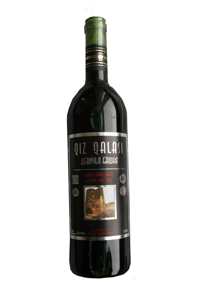 Bottle of Maiden's Tower wine from Azerbaijan with black label and green glass top.