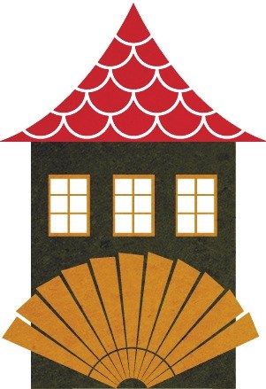Illustration of a house with red scalloped roof, dark walls, three windows, and gold fan-shaped architectural detail.