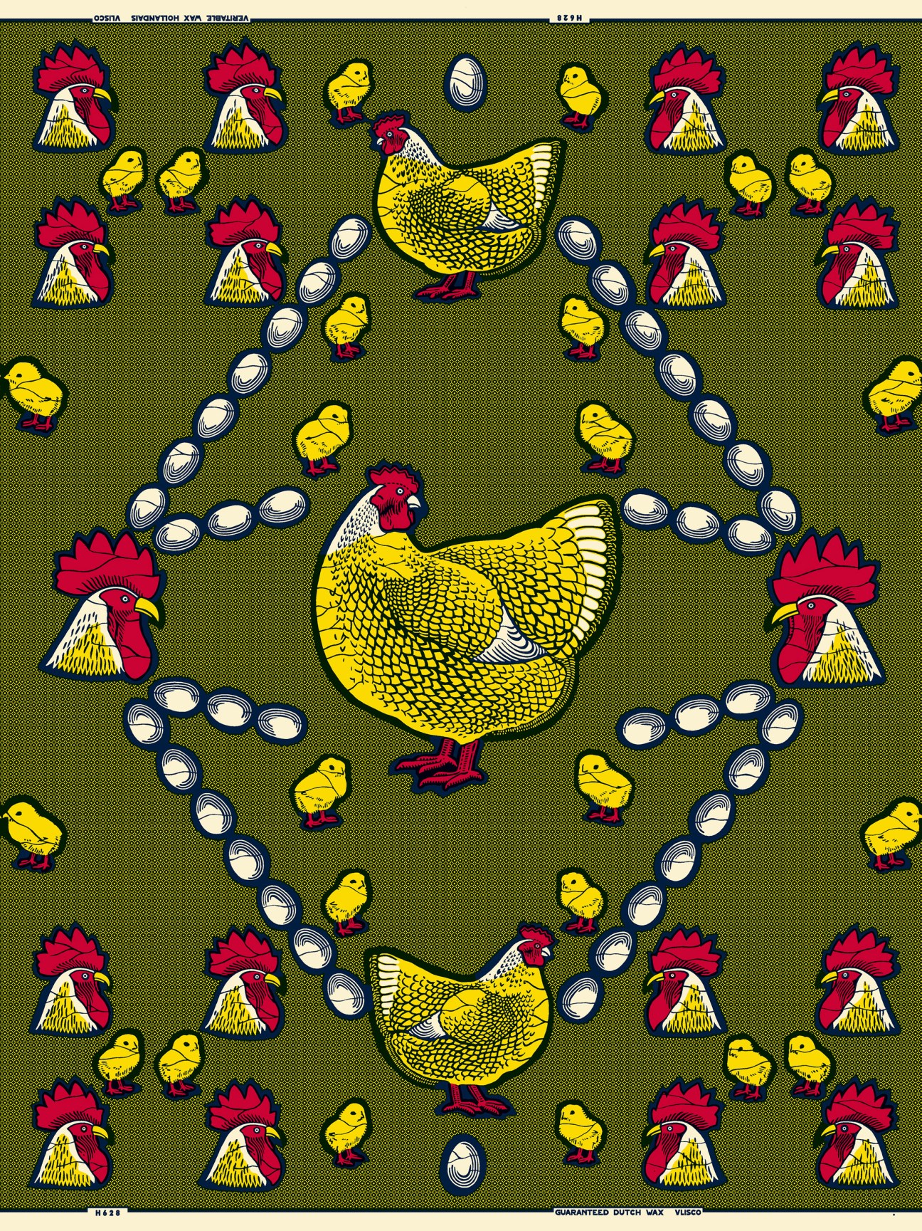 Vlisco wax fabric print featuring yellow hens, red roosters, and eggs on olive green background