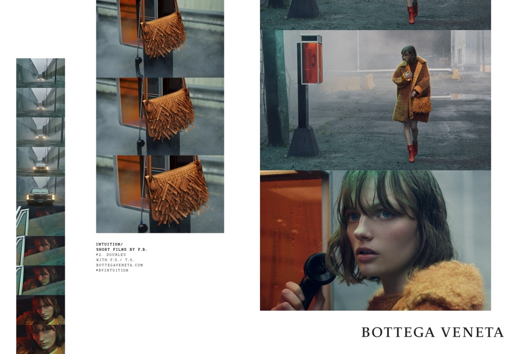 Bottega Veneta fall/winter 2018 ad campaign featuring a woman in a yellow coat and film stills with hanging leather bags.