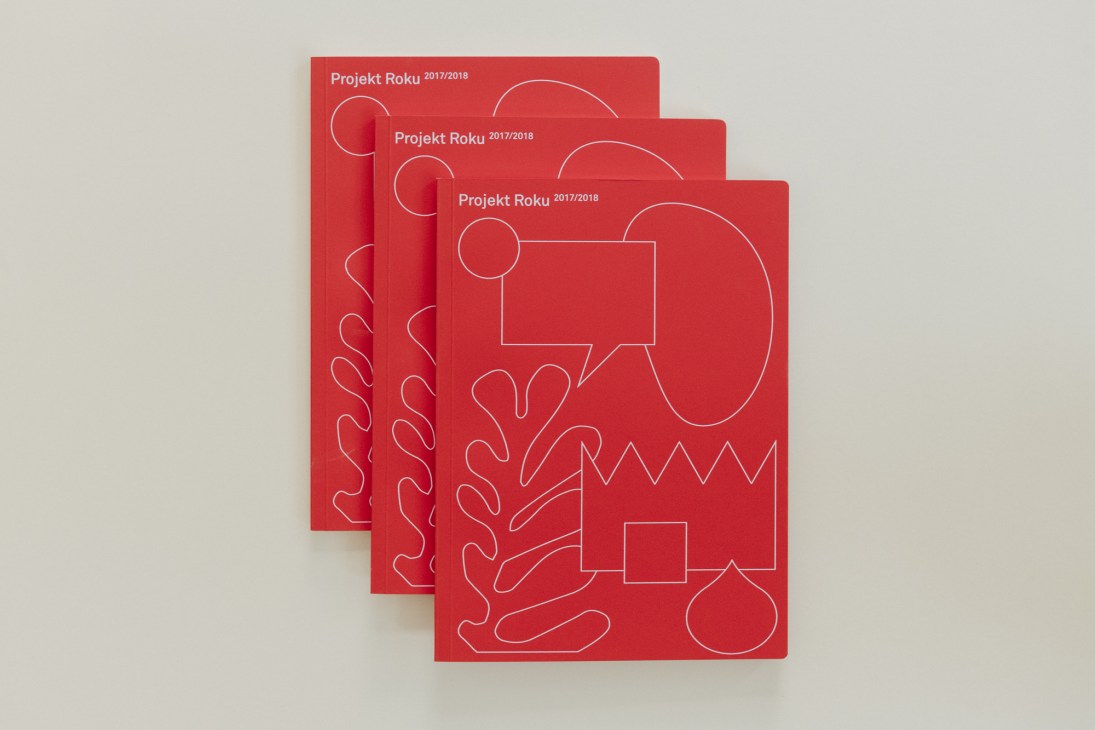 Three red booklets for Projekt Roku 2017/2018 with minimalist line-drawn geometric shapes and typography.