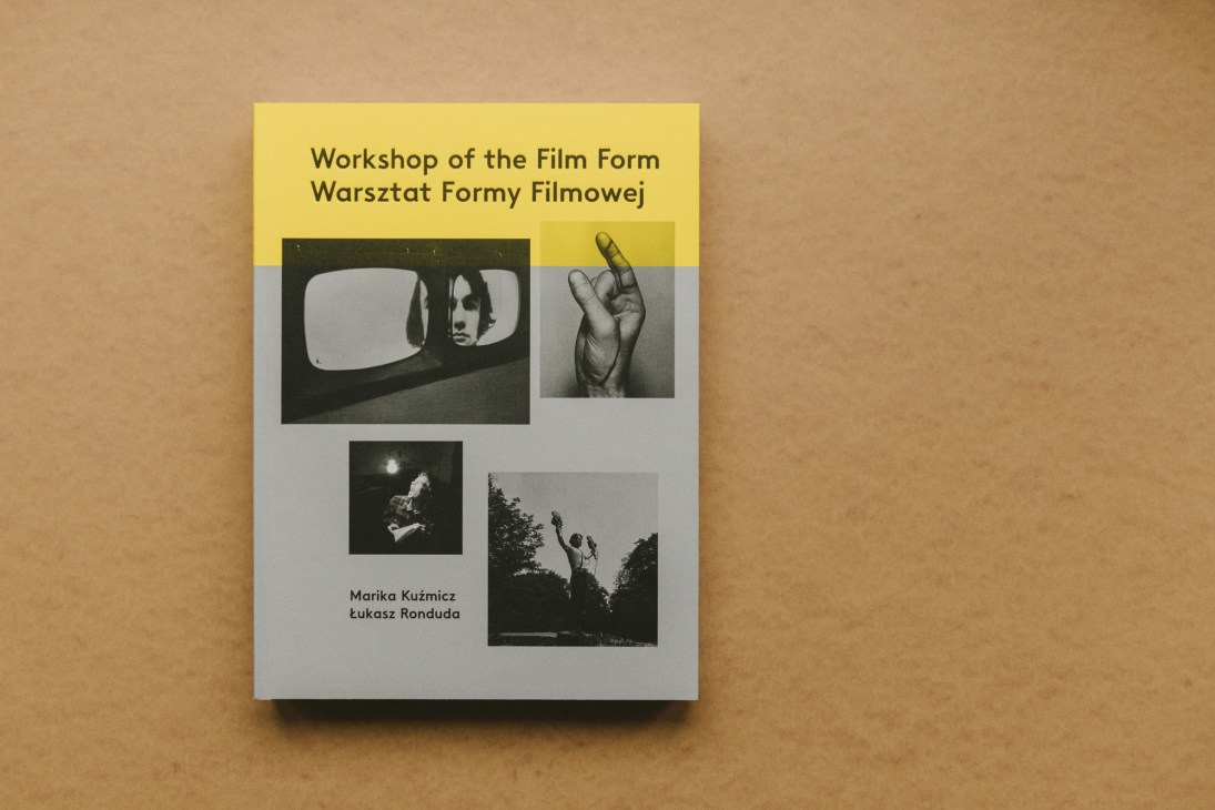 A book cover with yellow header and grey body featuring black and white photographs and Polish text.