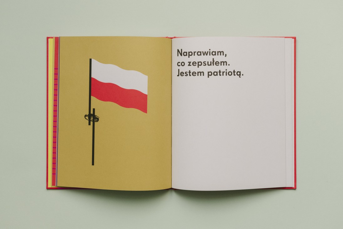 Open children's book designed by Edgar Bak featuring a Polish flag on a gold page with Polish text on the right.