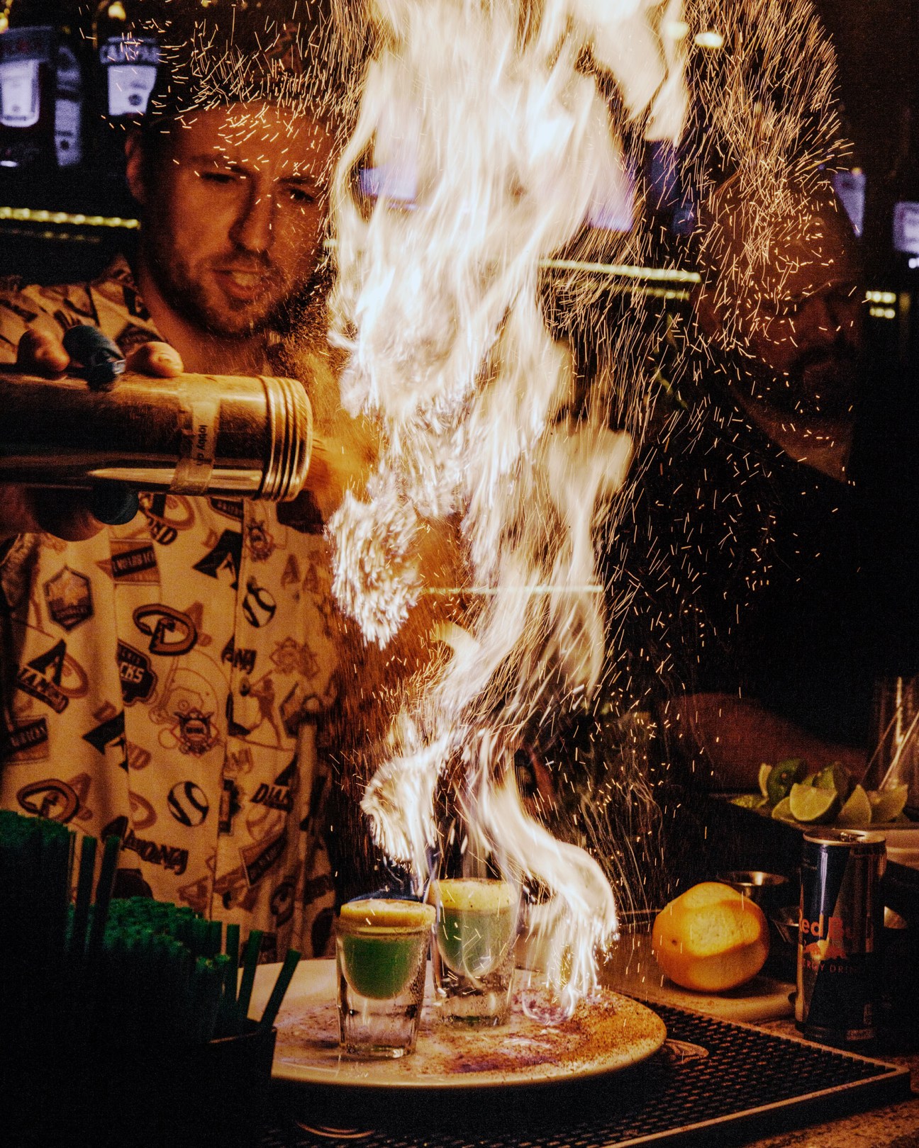 Bartender flaming a cocktail at the Congress Hotel in Tucson.