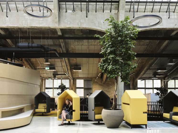 Yellow and black soundproofed chair pods in Aripaev newspaper office with concrete ceiling and skylights.