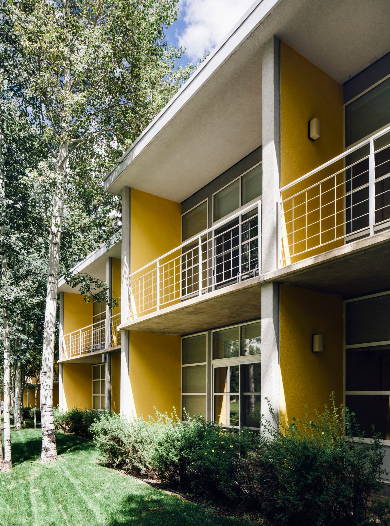 Modern yellow and white building with metal railings and large windows surrounded by aspen trees.
