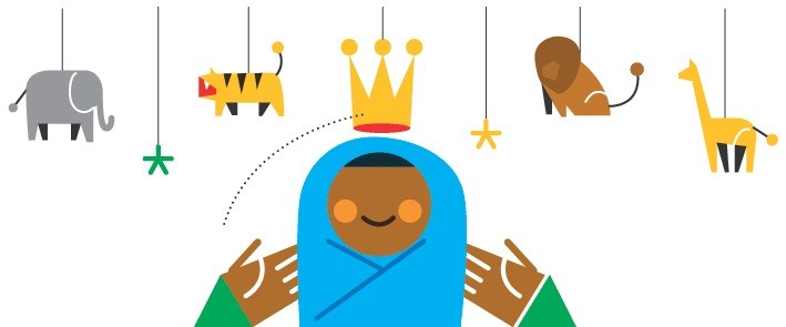 Illustration of a figure wearing a blue robe and gold crown surrounded by hanging African animals including an elephant, tiger, lion, and giraffe.