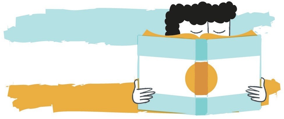 Illustration of two figures holding a banner with a yellow circle, representing literacy in Latin America.
