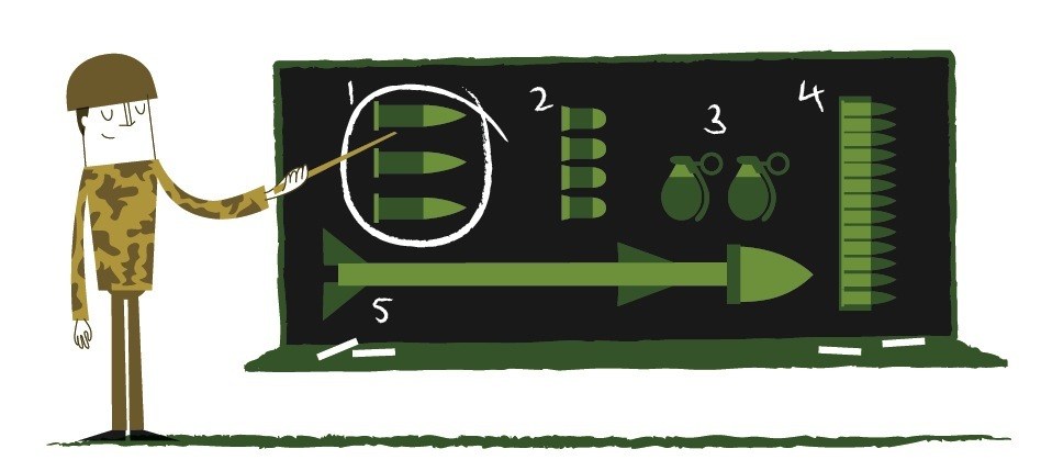 Illustration of a soldier next to a diagram showing military weapons and ammunition.