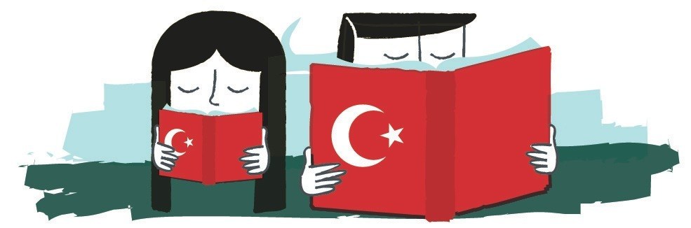 Illustration of a woman and man reading red books with Turkish crescent and star symbols.