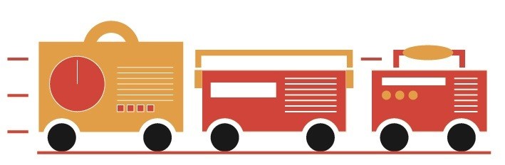 Illustration of three stylized radio or media broadcast vehicles in gold and red with wheels and antenna.
