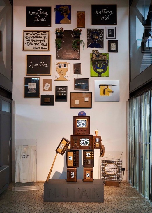 Nam June Paik video art robot made from televisions displayed at Bonotto textile factory entrance
