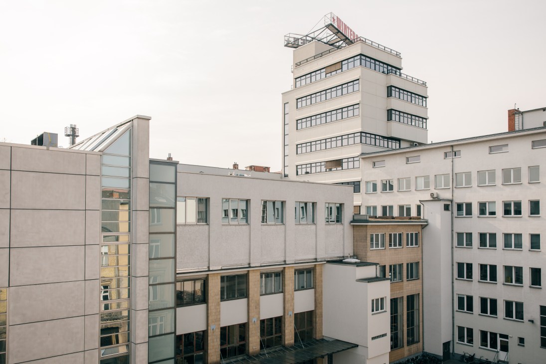 Berlin building exterior showing Esther Schipper Gallery's location on top floor of Potsdamer Strasse building.