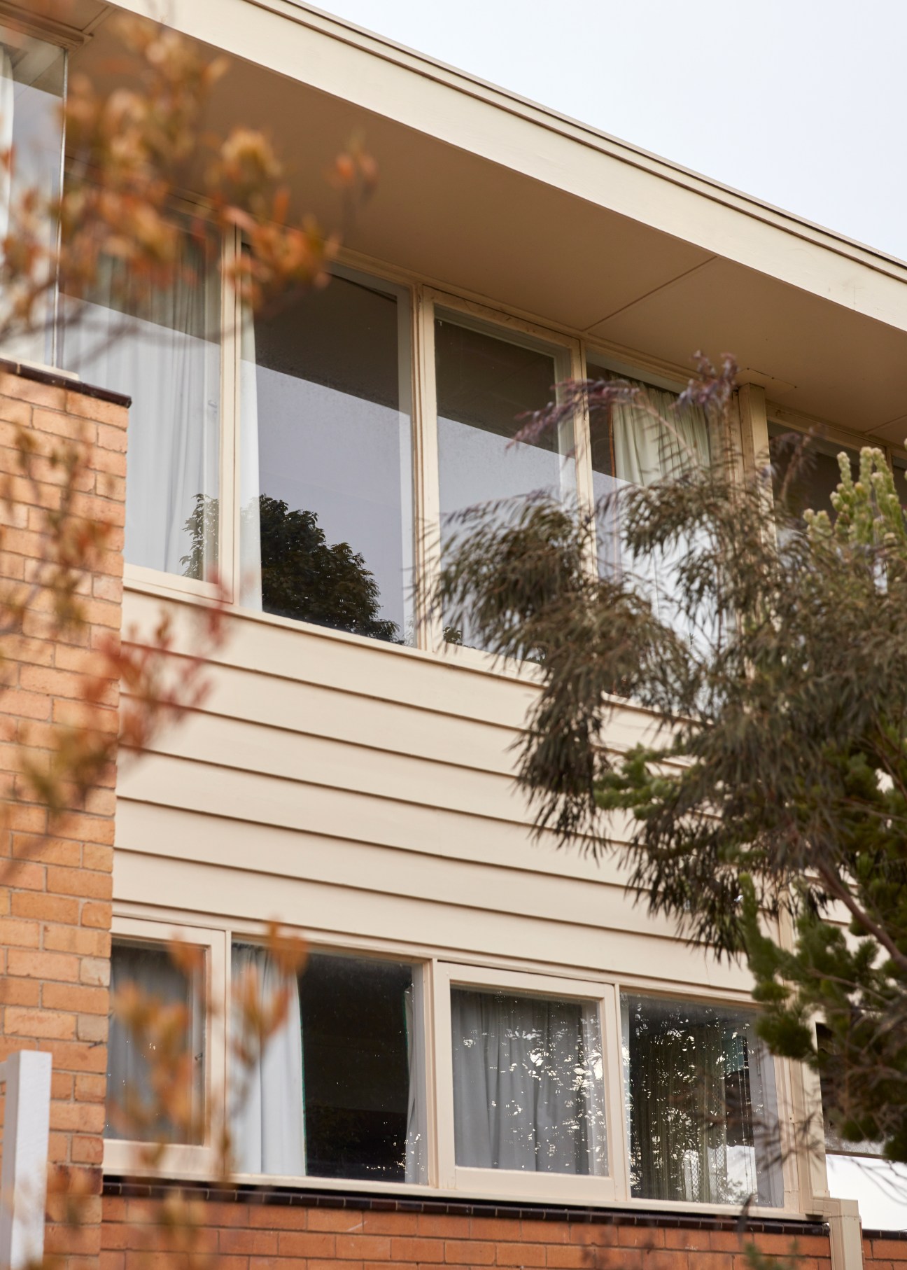 Large windows on a modernist brick house with tree shadows cast across the cream-colored facade.