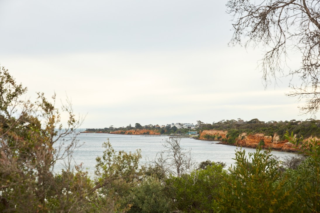 Coastal view of Port Phillip Bay with red cliffs, forested shoreline, and a pier extending into calm water.