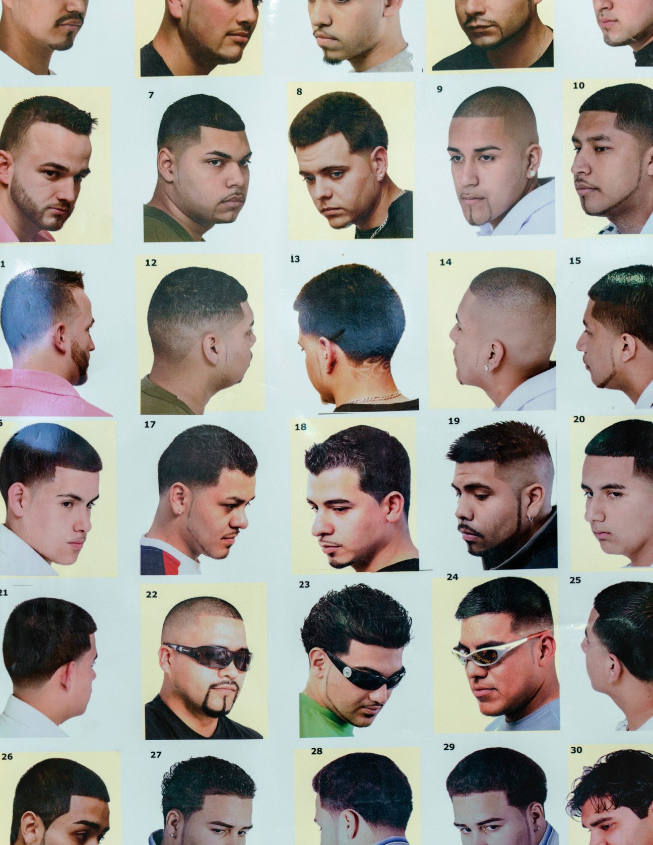 Grid of 30 numbered headshot portraits showcasing various men's short hairstyles and haircuts.