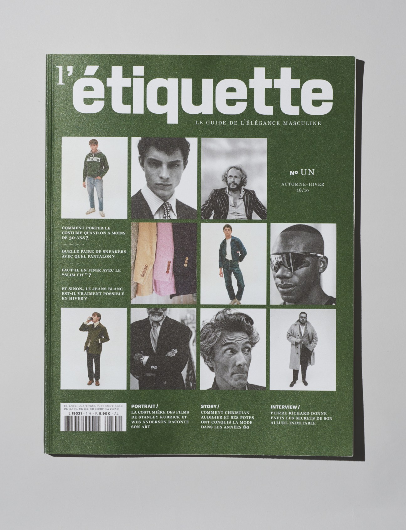 Cover of L'Étiquette magazine issue one with green background and grid of black and white photographs.