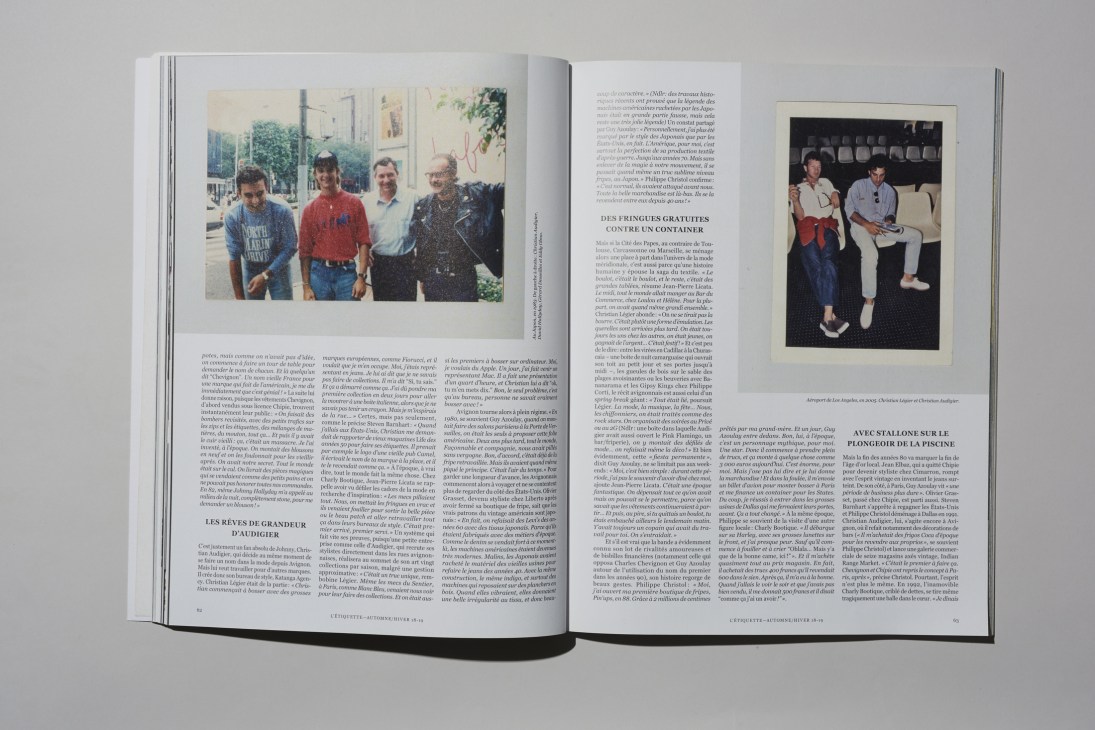 Open pages from L'Étiquette magazine showing French text and vintage photographs of men.