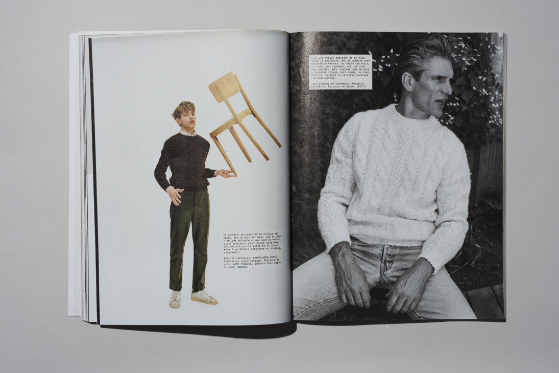 Open magazine spread showing male model balancing wooden chair on left page, black and white portrait on right page