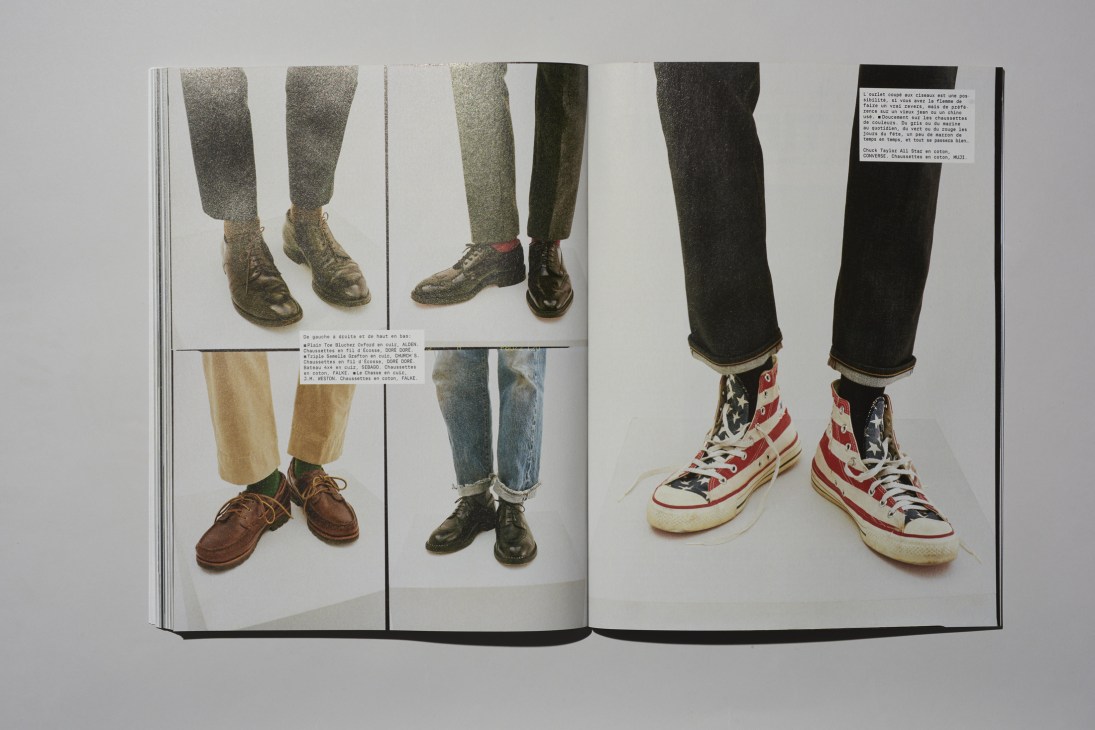 Magazine spread showing various men's shoes and trouser legs, including loafers, boots, and canvas sneakers with French text.
