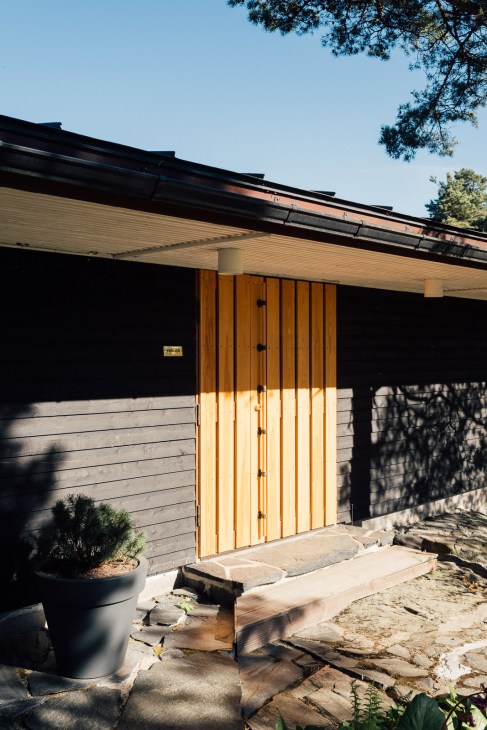 Modern wooden door entrance to a mid-century pavilion with black roof and horizontal wood cladding.