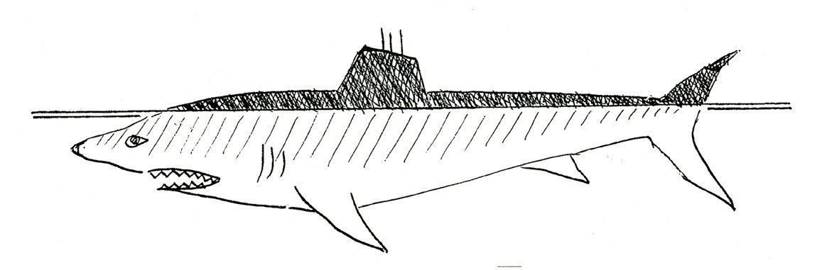 Line drawing of a submarine designed with shark-skin texture on its hull.