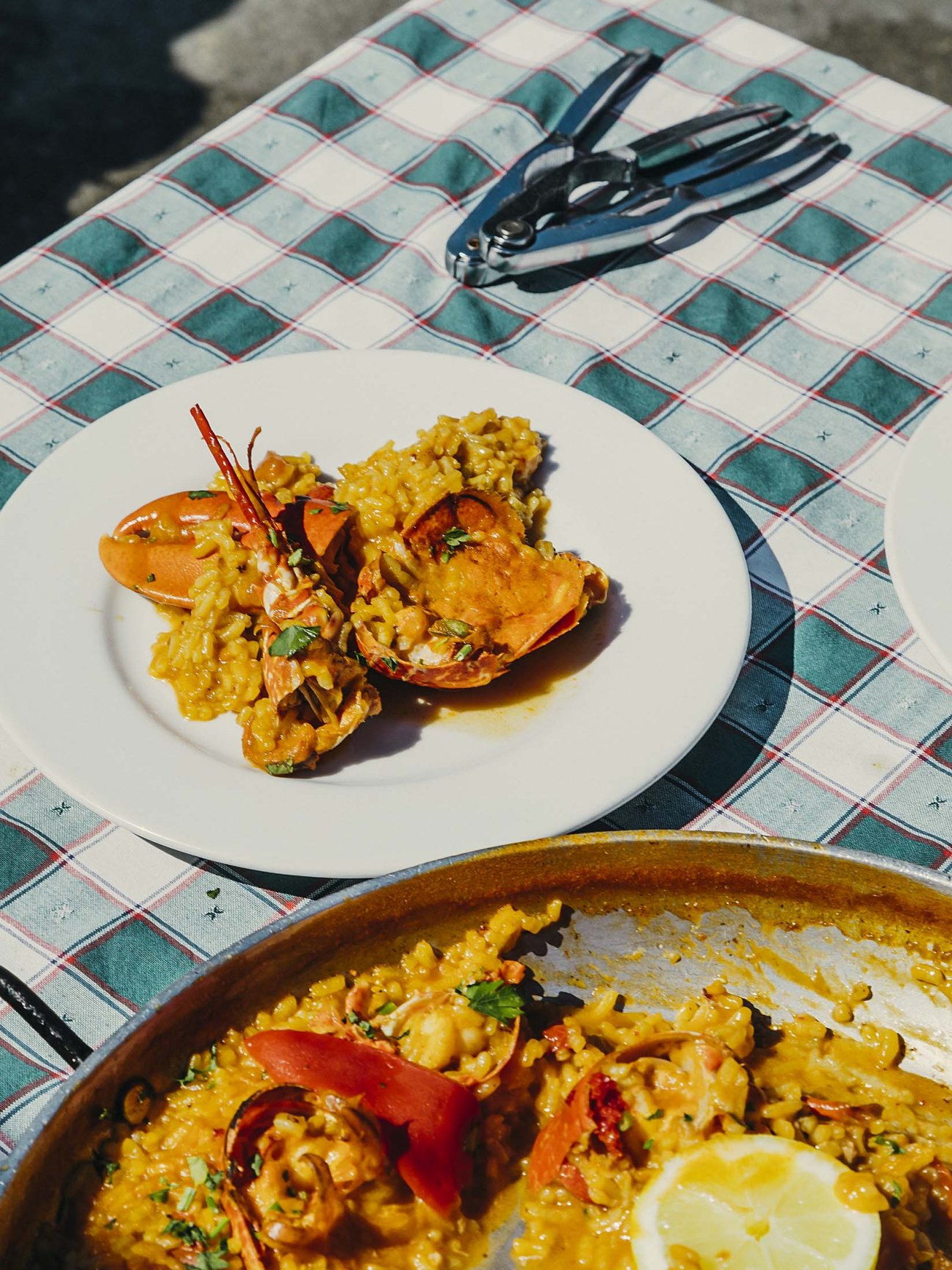 Lobster paella served on a white plate with saffron rice and seafood on a checkered tablecloth