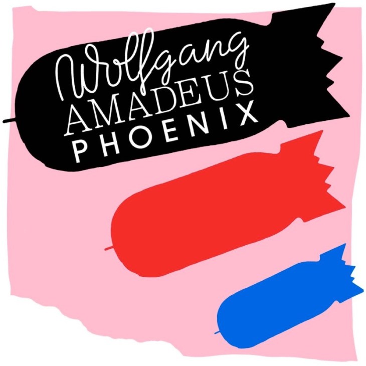 Album cover for Phoenix's Wolfgang Amadeus Phoenix featuring stylized text on colored shapes against pink background.