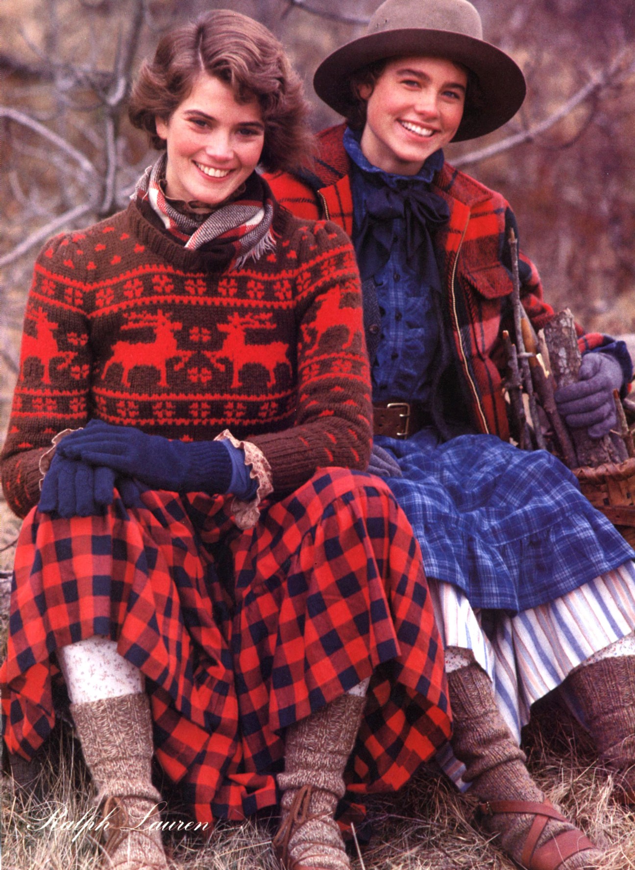 Two young people in 1980s Ralph Lauren clothing including plaid pants, patterned sweaters and cowboy hat