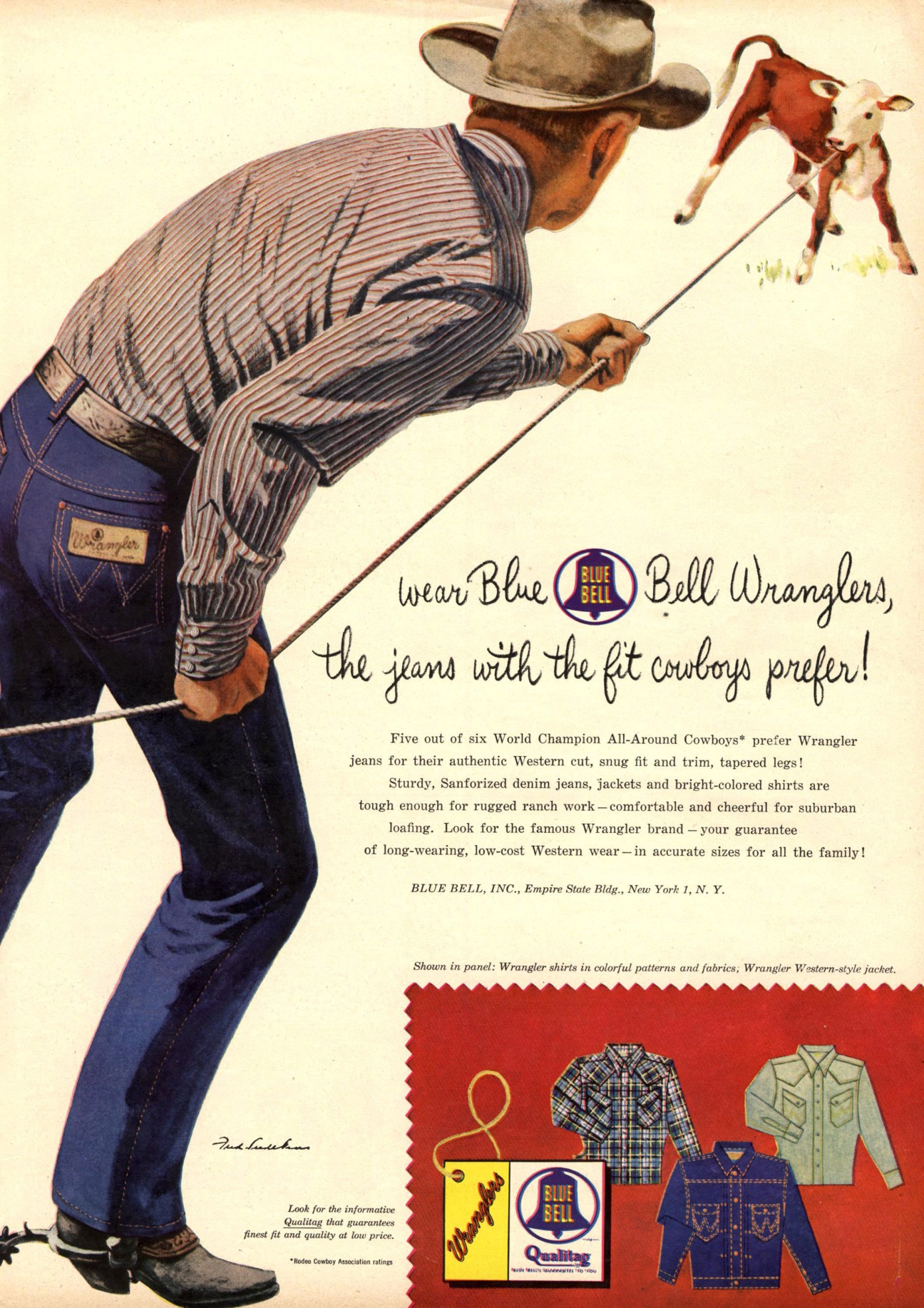 1950s Wrangler advertisement showing a cowboy in blue jeans and striped shirt roping cattle.