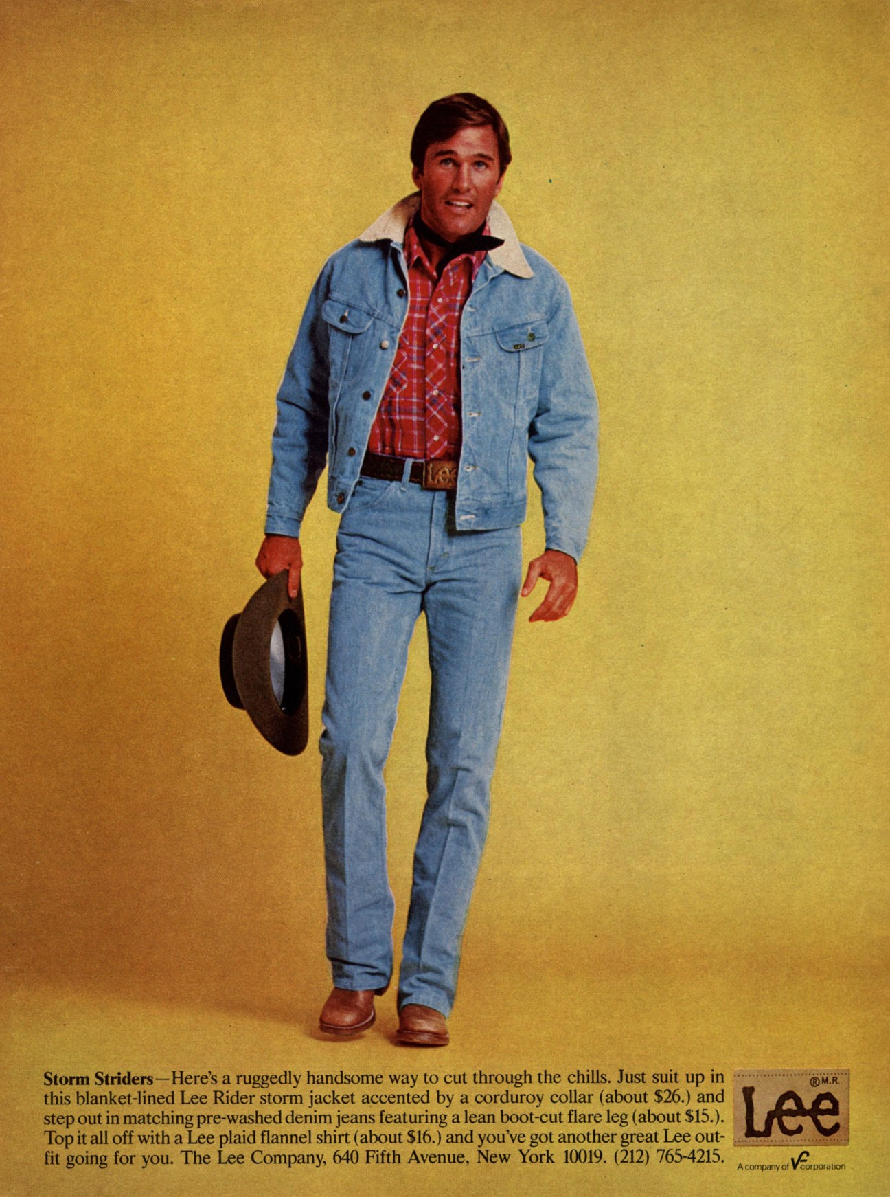 1970s Lee advertisement showing a man in a denim jacket, plaid shirt, and jeans against a yellow background.