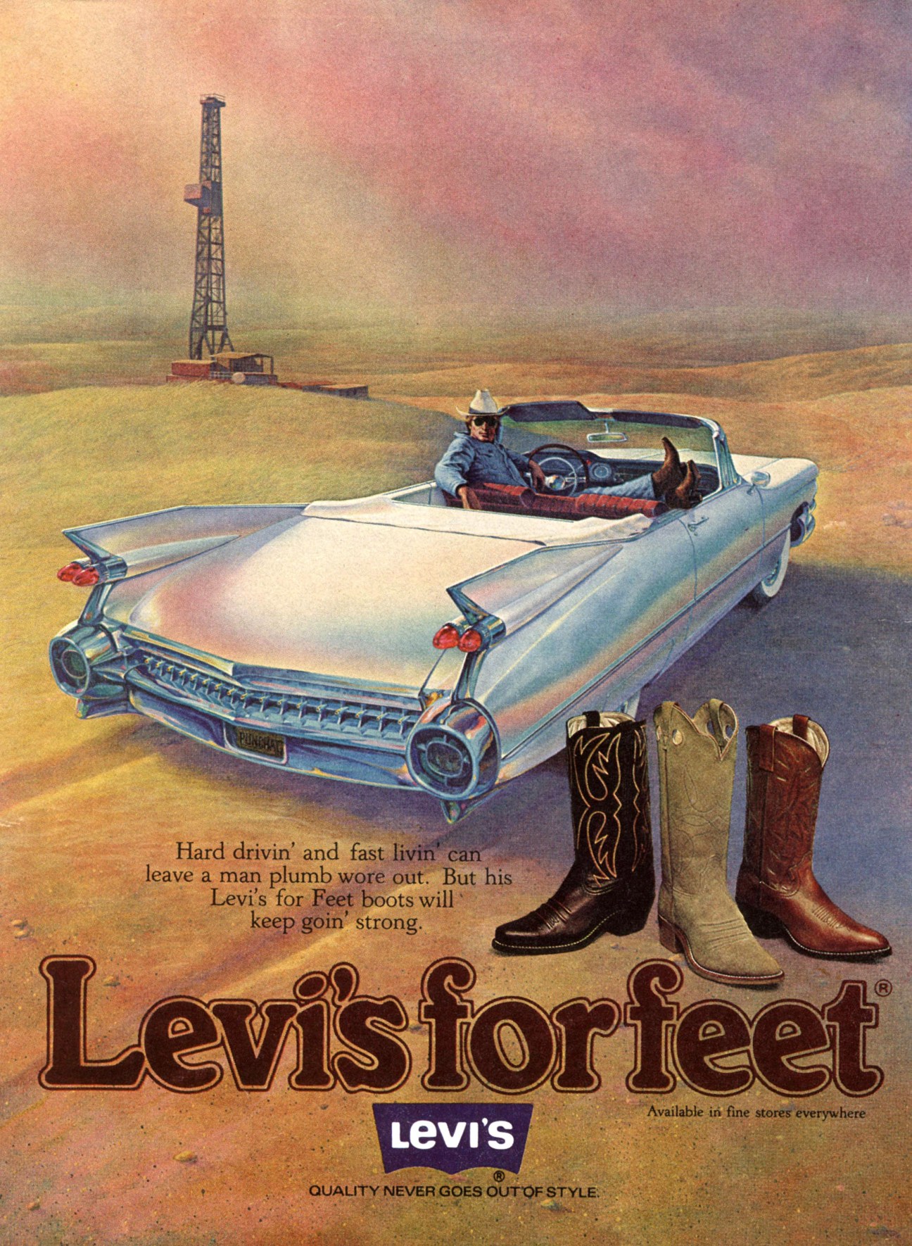 Vintage Levi's advertisement featuring a convertible car and cowboy boots in a desert landscape with an oil derrick.