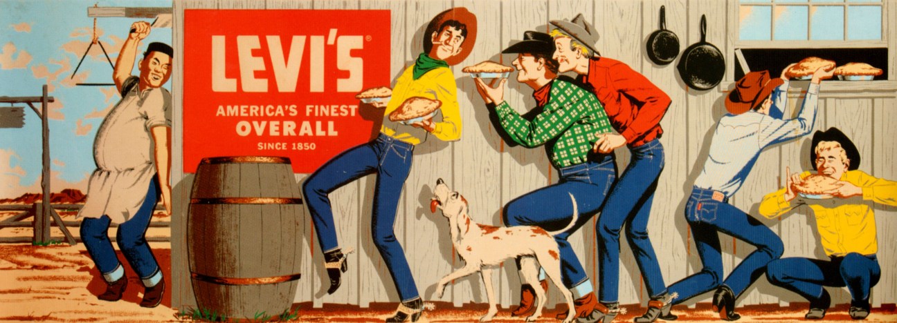 Vintage 1950s Levi's advertisement showing cowboys and ranch workers in overalls and denim jeans.