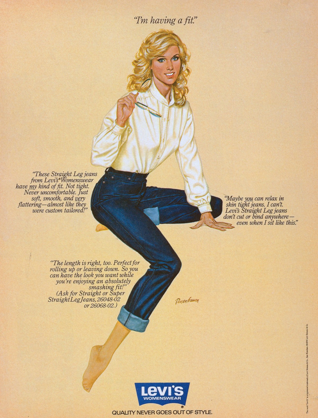 Vintage Levi's Womenswear advertisement from the 1970s featuring a woman in straight-leg jeans and white blouse.