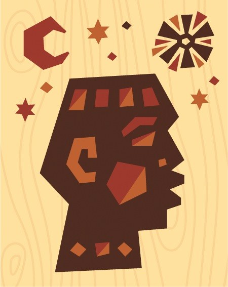 Illustration of a head in profile filled with geometric shapes in red and orange tones on a beige background.
