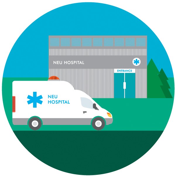 Illustration of a white ambulance labeled 'NEU HOSPITAL' with a blue medical cross outside a grey hospital building.