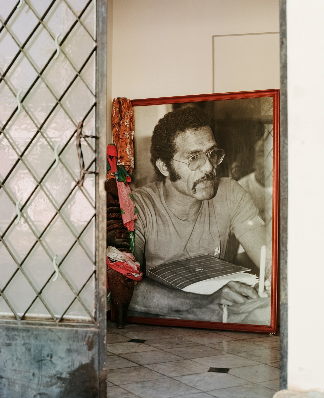 Portrait of Jean-Marie Tjibaou hanging in the offices of the Kanak and Socialist National Liberation Front.