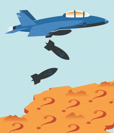 Illustration of a blue fighter jet dropping two black missiles toward a desert terrain covered with question marks.