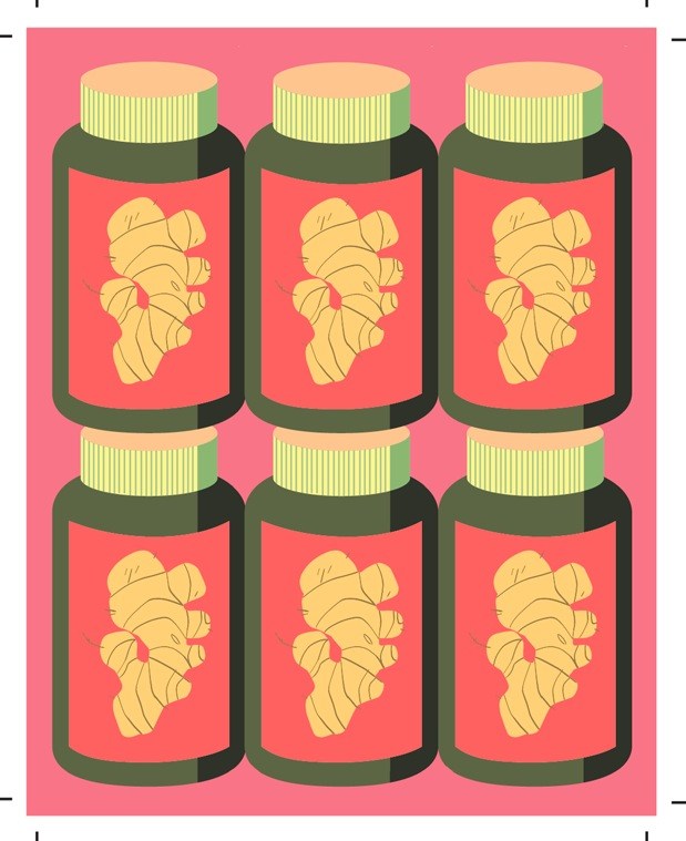 Illustration of six ginger supplement bottles with yellow labels and green caps on a pink background.