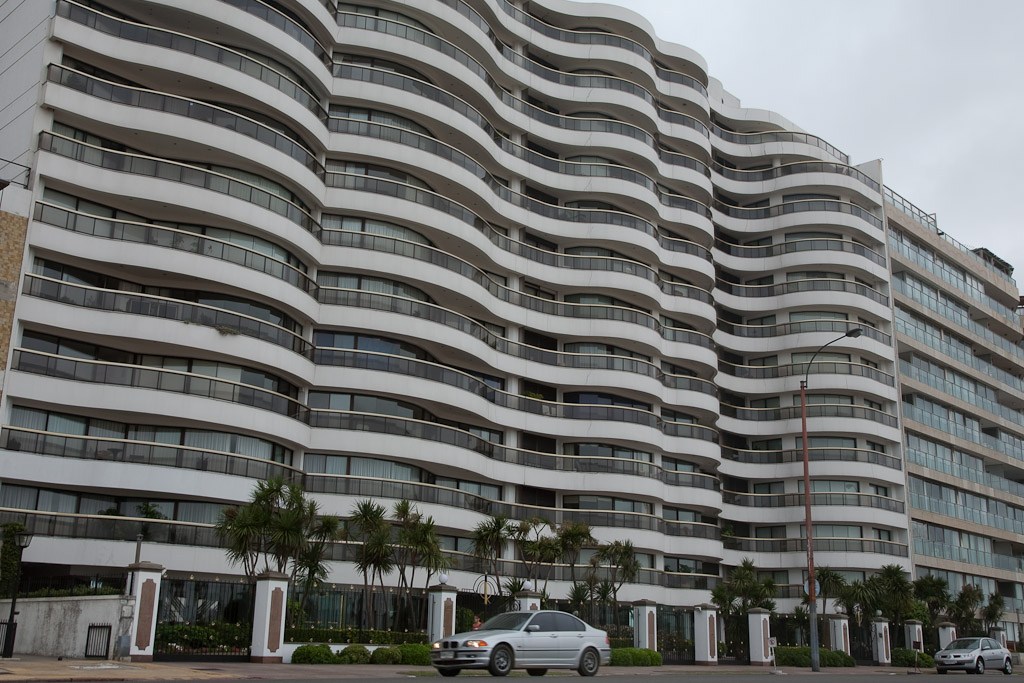 Amphion apartments building with curved white and dark striped facade in Pocitos area of Montevideo