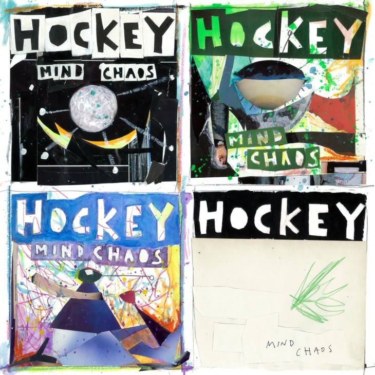 Hockey band album cover showing four variations of "Mind Chaos" artwork with colorful abstract designs.
