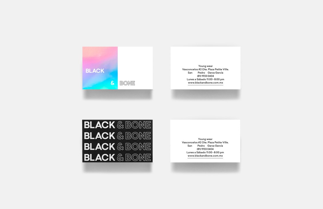 Business cards for Black & Bone young wear brand displaying gradient design and typography by Parametro.