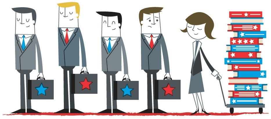 Illustration of four businessmen and one woman with briefcases next to a tall stack of American flag-themed books.